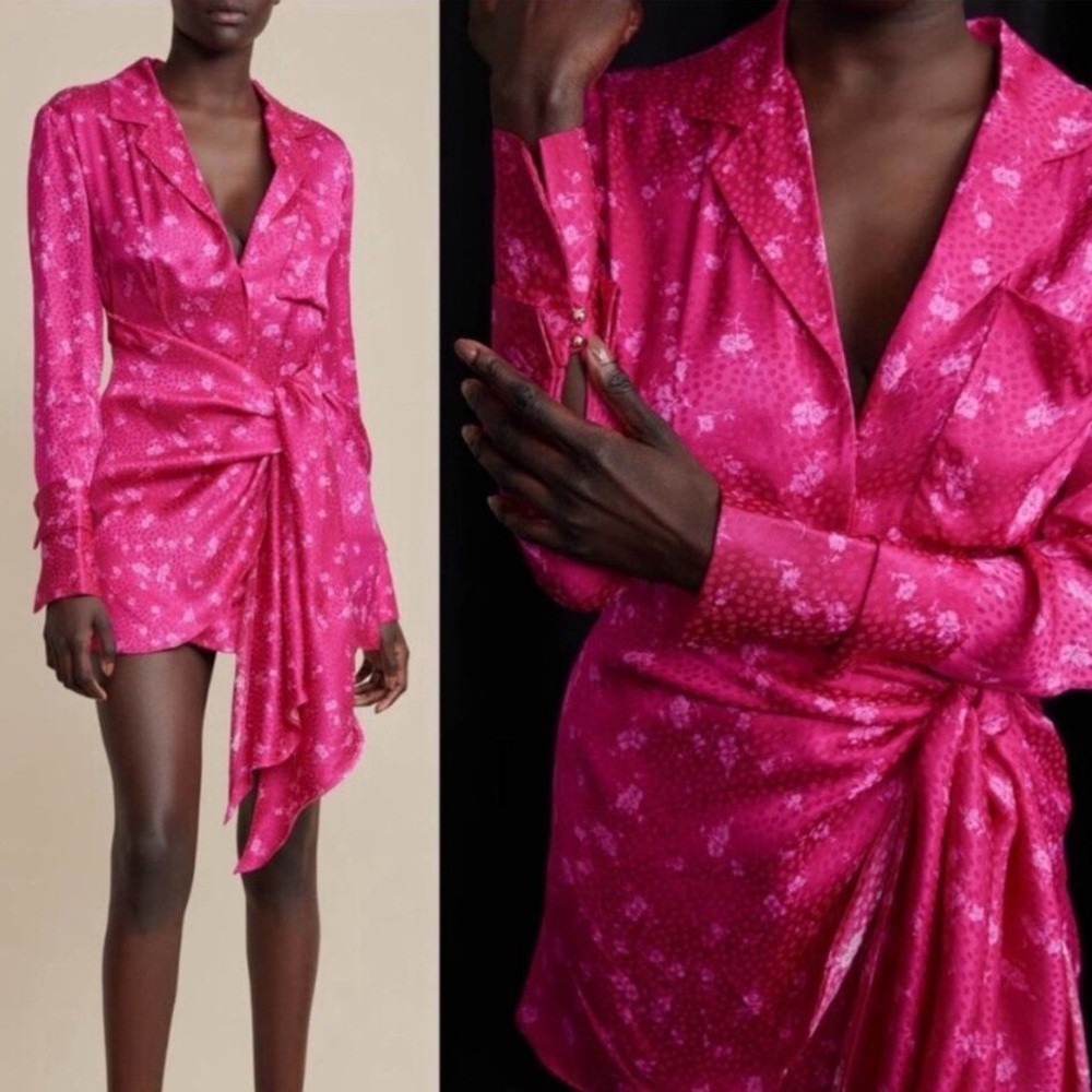 Acler Evanston Hot Pink Floral Dot Print Draped Satin Designer Mini Dress Size 6